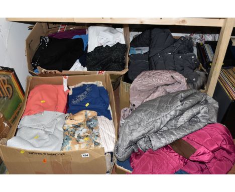 FIVE BOXES OF LADIES' COATS, TOPS, AND MISCELLANEOUS, to include approximately ten coats, Uk 12 Wallis leather jacket, New Lo