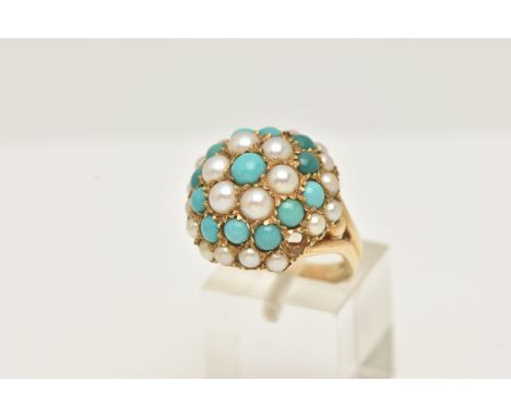 A 1960S 9CT YELLOW GOLD TURQUOISE AND SPLIT CULTURED PEARL BOMBE CLUSTER RING, the cluster is of hexagonal shape outline set 
