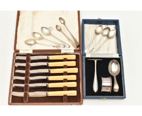AN ASSORTMENT OF SILVER AND WHITE METAL FLATWARE, to include a set of six silver teaspoons and a pair of sugar tongs with bri