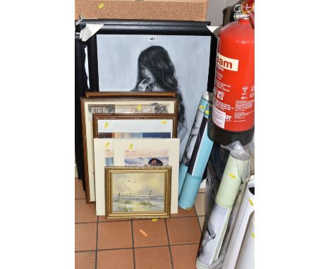 FOUR EROTIC CHARCOAL DRAWINGS AND ASSORTED PRINTS ETC, drawings comprise a nude male and female figure embracing, a scantily 