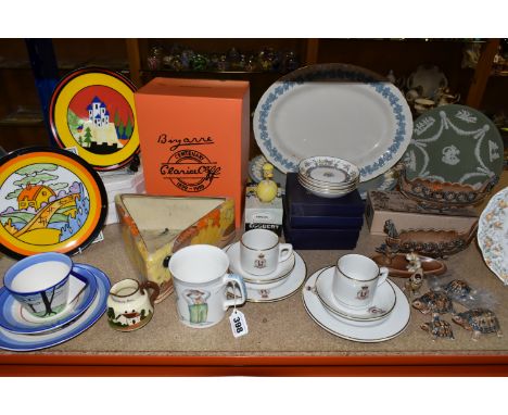 A GROUP OF MIXED CERAMICS FROM NAMED MANUFACTURERS to include a group of Wedgwood centenary Bizarre Clarice Cliff reproductio
