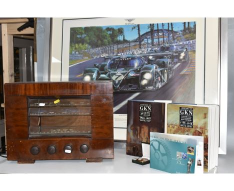 A BOX AND LOOSE LARGE PICTURE, RADIO, AND BOOKS, to include, a large framed print 77cm x 95cm 'Bentley Invincible- Le Mans 20