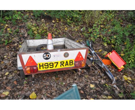 A MID-CENTURY GALVANISED STEEL TRAILER, trailer box length 125cm width 98cm, and four bundles of garden tools