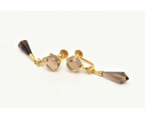 A PAIR OF MODERN YELLOW METAL SMOKEY QUARTZ EARRINGS, each earring designed as an elongated faceted Smokey quartz drop, suspe