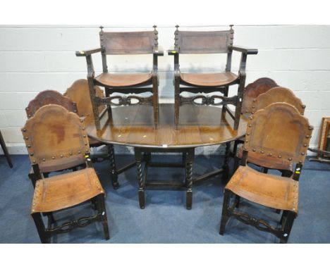 A 20TH CENTURY OAK BARLEY TWIST GATE LEG TABLE, open width 162cm x closed width 62cm x depth 107cm x height 74cm, along with 