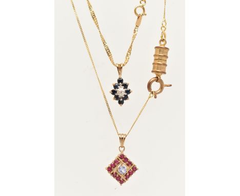 TWO PENDANT NECKLACES, the first a blue sapphire and diamond cluster pendant, fitted with a split V bail, hallmarked 9ct Shef
