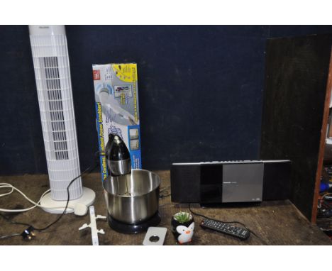 A COLLECTION OF HOUSEHOLD ELECTRICALS including a Panasonic SC-HC30DB hi fi with remote, a Pelonis tower fan, an unbranded fo