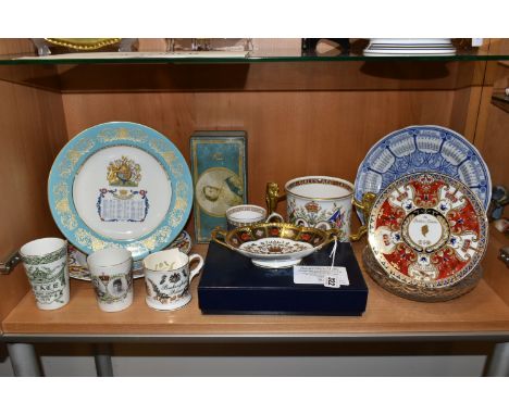 A GROUP OF NAMED ROYAL COMMEMORATIVE CERAMICS, comprising a limited edition boxed Royal Crown Derby 'Old Imari' solid gold ba