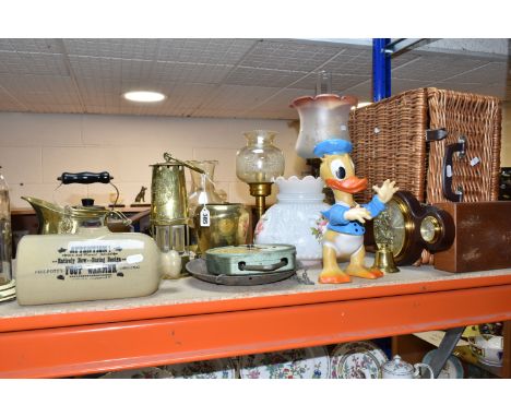 A GROUP OF MISCELLANEOUS ORNAMENTS to include a wicker picnic basket, a Philpott's Foot Warmer, a Salter Hanging Scales, a sm