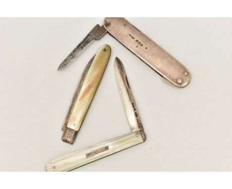 THREE FRUIT KNIVES, the first with metal blades/tools and a silver case, hallmarked 'Sampson Mordan &amp; Co Ltd' Sheffield 1