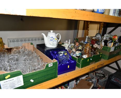 THREE BOXES AND LOOSE CERAMICS AND GLASSWARE, to include a Caithness amethyst swirl bud vase and perfume bottle, Caithness Mo