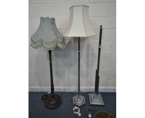 TWO ART DECO STANDARD LAMPS, tallest lamp 160cm, along with an oak barley twist standard lamp (condition report: one shade fi