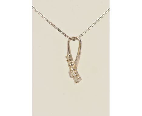 A WHITE METAL DIAMOND SET PENDANT WITH A 9CT WHITE GOLD CHAIN, the ribbon pendant set with five graduated round brilliant cut