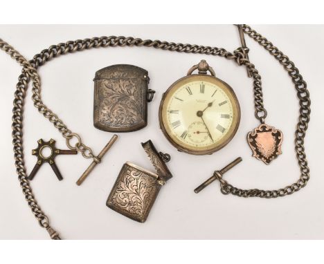 A SILVER OPEN FACE POCKET WATCH AND ALBERT CHAINS, to include a key wound, open face pocket watch, round white dial signed 'H
