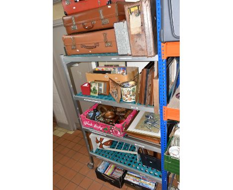 FIVE BOXES AND LOOSE MISCELLANEOUS ITEMS to include five vintage suitcases, one box of treen comprising two ornamental candle