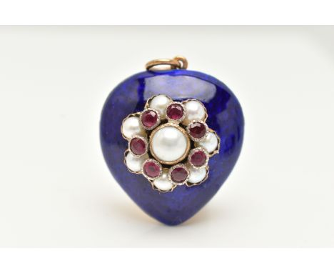 A LARGE ENAMEL, CULTURED PEARL AND RUBY HEART PENDANT, large hollow heart, blue guilloche enamel front set with a cluster of 