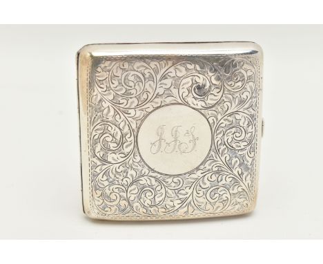 AN EARLY 20TH CENTURY SILVER CIGARETTE CASE, of a rounded square form, scrolling foliate pattern with engraved cartouche, fit
