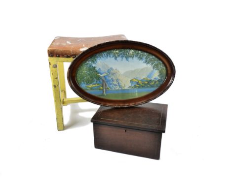A vintage yellow painted stool with studded leather seat, 46 cm high; together with an oak and ebony and boxwood strung box, 