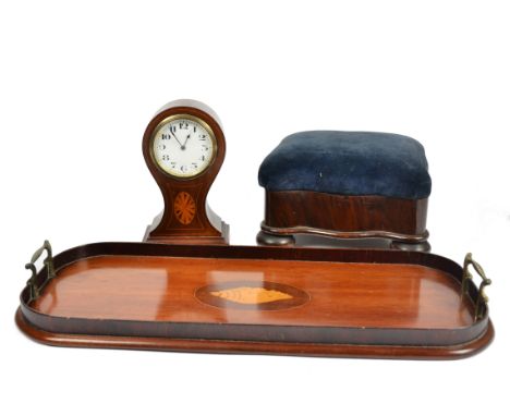 A mahogany and inlaid twin-handled tray, central cartouche with inlaid shell, brass handles, 57 cm wide; together with a maho