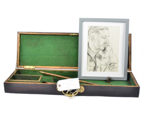 A military mahogany gun case with a brass handle, green interior and the exterior stamped 'L.B. Farningham', 75 cm long, toge