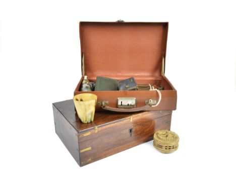 A miscellaneous lot, including tapering horn cup, 7 cm high; a brass-bound mahogany sewing box, 33 cm wide; a carved alabaste