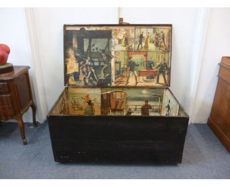 An antique stained pine trunk, lined with Victorian paper coloured scenes, on bun feet, 107 cm wide x 51 cm high x 61 cm deep