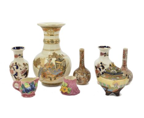 A Japanese satsuma vase, decorated with classical figures, 26 cm high, a pair of bottle vases, a Maling jug, a pair of Mason'