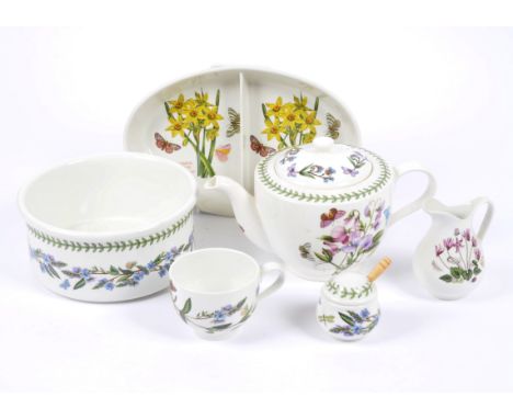 A Portmeirion Botanic Gardens patterned part dinner and tea service, consisting of two casserole dishes, an oval dish, servin