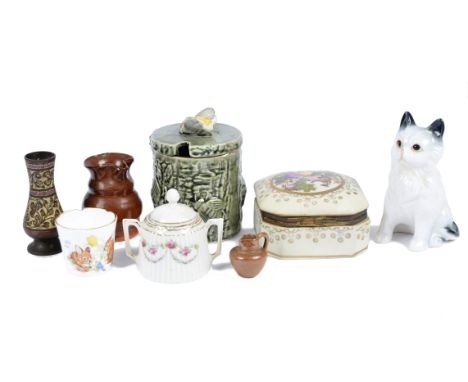 A collection of miscellaneous ceramics, including animal models, Delftware honey pots, miniature vases and jugs, trinket boxe