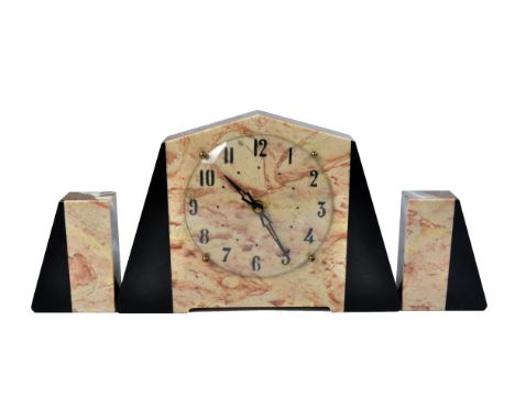 An Art Deco marble and slate clock garniture, angular design, Arabic numerals, clock 23 cm high, side pieces 13 cm high
