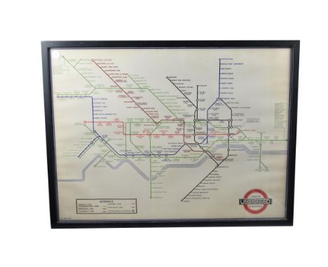 A reproduction print of a 1936 London underground map, framed, 79 cm x 59 cm