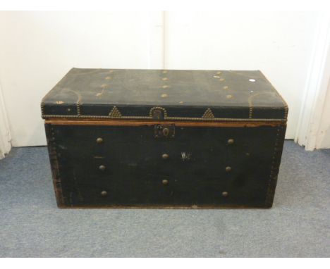 A vintage travel trunk, with brass studded decoration and fitted interior, 90 cm wide x 48 cm high x 47 cm deep