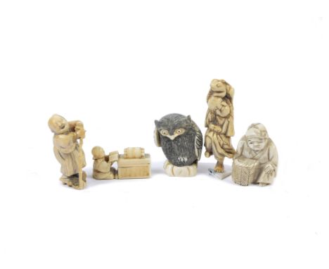 Five ivory and resin netsuke, carved to resemble figures and animals (5)