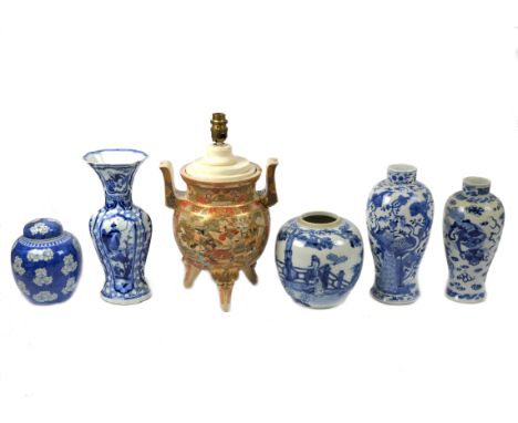 Two Chinese ginger jars, one missing the lid, 16 cm &amp; 17 cm high, three vases decorated with birds, dragons and landscape
