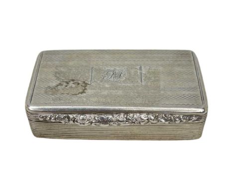 William IV Silver Snuff Box. 53g. Birmingham 1834, Thomas Shaw. Engine turned decoration, banded edges, chased floral thumbpi