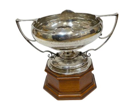 Silver Art Nouveau Trophy Bowl. 948g. Sheffield 1908, Walker &amp; Hall. Ornate scroll handles, period inscription, mounted o