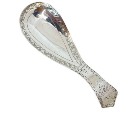 Unusual Georgian Scottish Bright Cut Silver Caddy Spoon. 13 g. Edinburgh 1781. No maker's mark. Of elongated form woth border