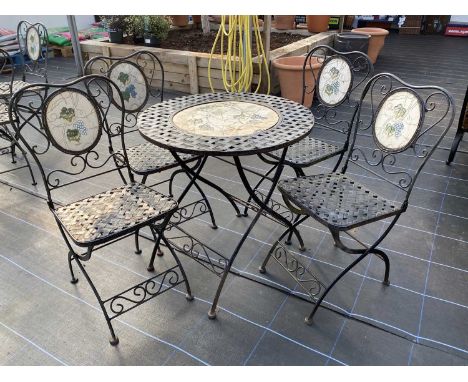 Metal Lattice Work with Inset Tile Decoration Table and 4 Matching ChairsDiameter 70 cmsCondition report: Minor related weath
