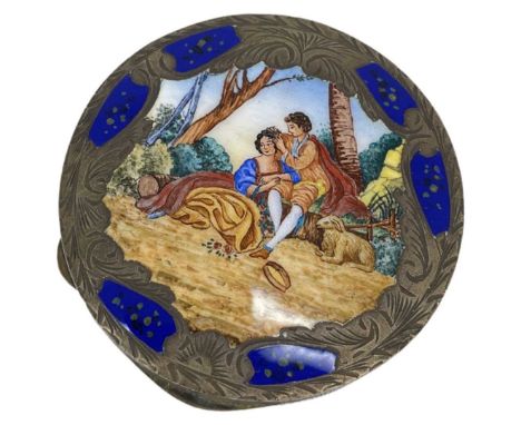 Rare Silver and Enamel Compact, 54 g. Stamped 800, scene of two people and a lamb. Gilded interiorstands 2 cm high and 7 cm d
