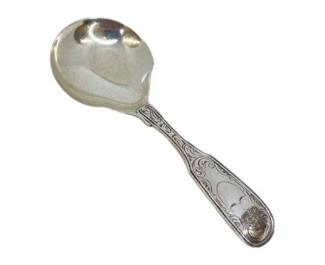 Georgian Silver Caddy Spoon. 21 g. London c.1846, Samuel Hayne &amp; Dudley Cater. Vacant cartouche and detailed decoration t