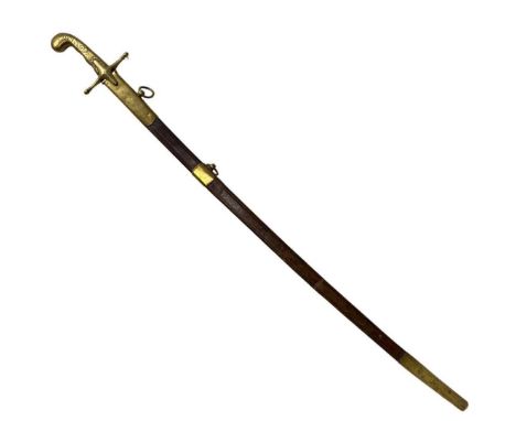 A 19th Century Brass Hilted Mameluke Swordwith pistol grip hilt with cross guard to a pipe backed scimitar type curved blade 