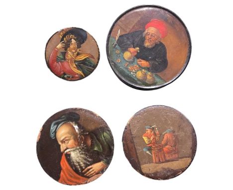 An Antique Painted Papier Mache Snuff Box, circa 1850.Finely painted to the top with a money lender and his bags of coins, to