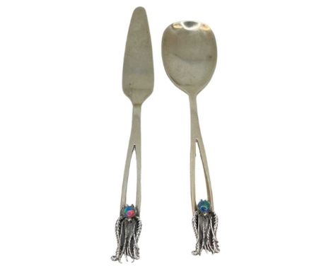 Australian Opal Set Silver Child's Knife and Spoon. Marked 925.Length 14.2 cmsCondition report: Good.