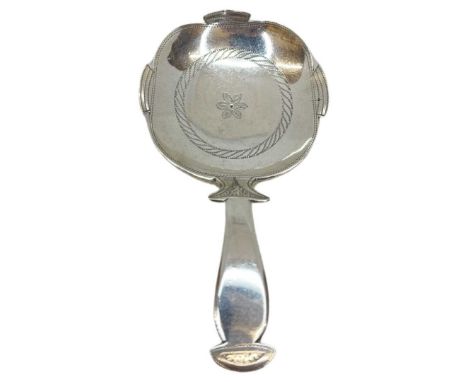 Unusual Shape Georgian Silver Caddy Spoon. 15 g. London 1813, Thomas James. Prick engraving decoration to borden and centre o
