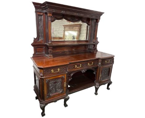 An Early 20th Century Mahogany Mirror Backed Sideboard,the back with shaped cornice and cluster colums to a single shelf on p