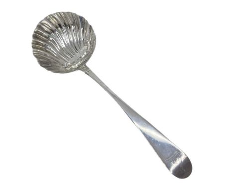 Georgian Silver Sauce Ladle. 45 g. London c. 1765, George Baskerville. Scallop formed shell. Rubbed crest to terminalLength 1