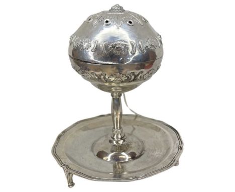 Unusual Silver String/Wool Dispenser. 444 g. South American, Early 20th Century. With lower tray raised on 3 feet for makers 