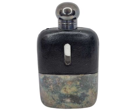 Silver Plated Leather &amp; Glass James Dixon &amp; Son Antique Hip Flask. 3/32 Pint EPBM 561A James Dixon &amp; Sons MADE IN