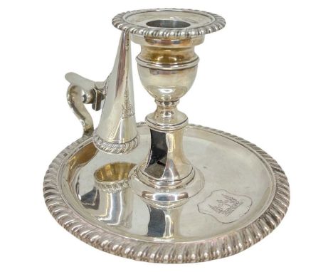 Georgian Silver Chamberstick and Snuffer 368 g. London 1835, Barnard Brothers. Gadrooned border. Crest to snuffer and candles