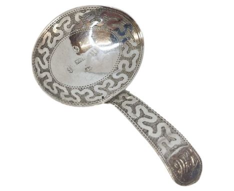 Georgian Silver Caddy Spoon. 8 g. Birmingham 1809, Wardell and Kempson. Monogram to terminal and border and bowl decoration.L